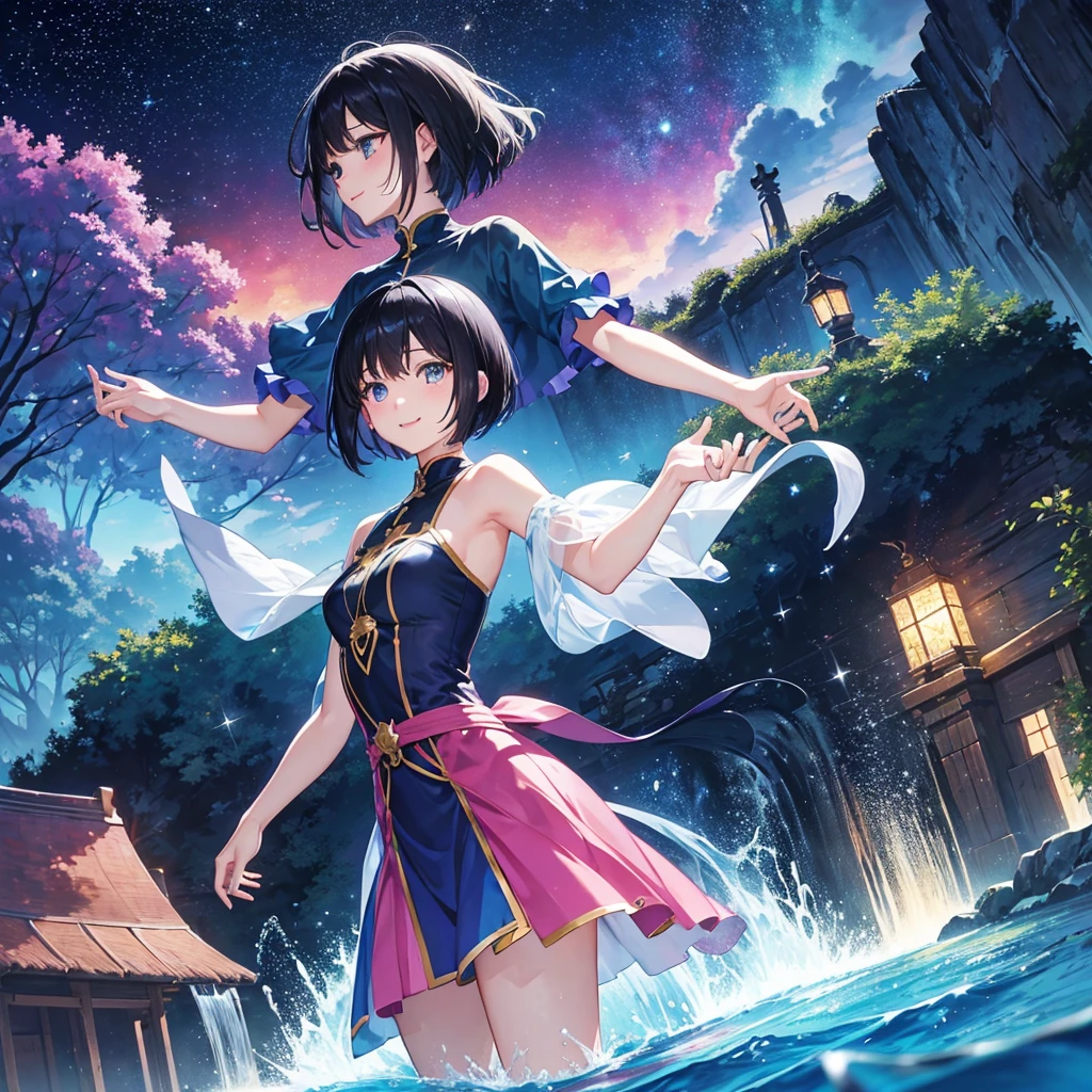 anime、Vibrant colors、beautiful girl、10 talents、Black Hair、A face that retains its youthfulness、short hair、Her hair is cut short, just short of her shoulders、Bright eyes、Sparkling eyes、A cheerful smile、Gazing into the distance、profile、dancing、Clear water flows like a waterfall、Fantastic World、night、Starry Sky