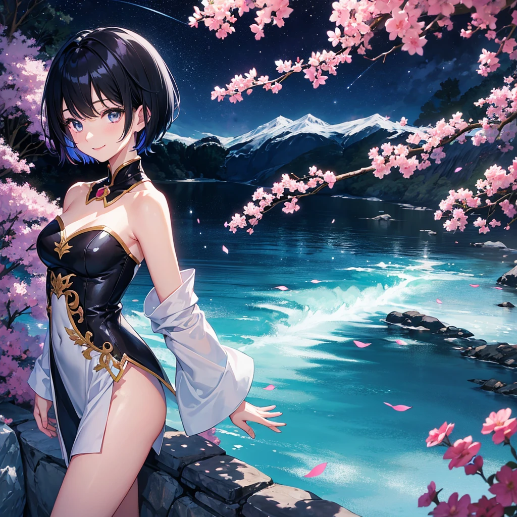 anime、Vibrant colors、beautiful girl、Black Hair、A face that retains its youthfulness、short hair、Her hair is cut short, just short of her shoulders、Bright eyes、Sparkling eyes、A cheerful smile、Gazing into the distance、profile、dancing、Clear water flows like a waterfall、Fantastic World、night、Starry Sky