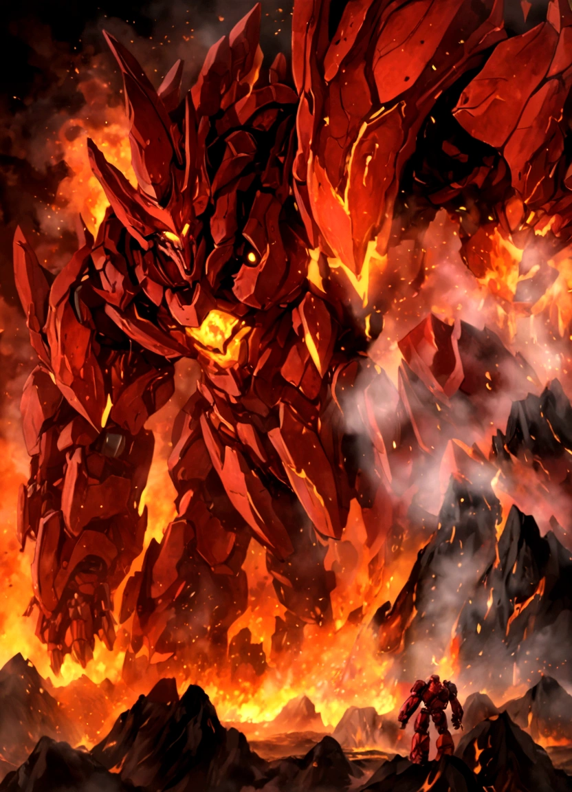 solo, super robot, Evil villains, giant robots that destroy the world, red demonic mecha with flames, a mecha with face and glowing eyes, fire golem creature, destructive colossal mecha as background, lava mecha, fire elemental, mecha vore art epic digital painting, epic full color illustration, background artwork