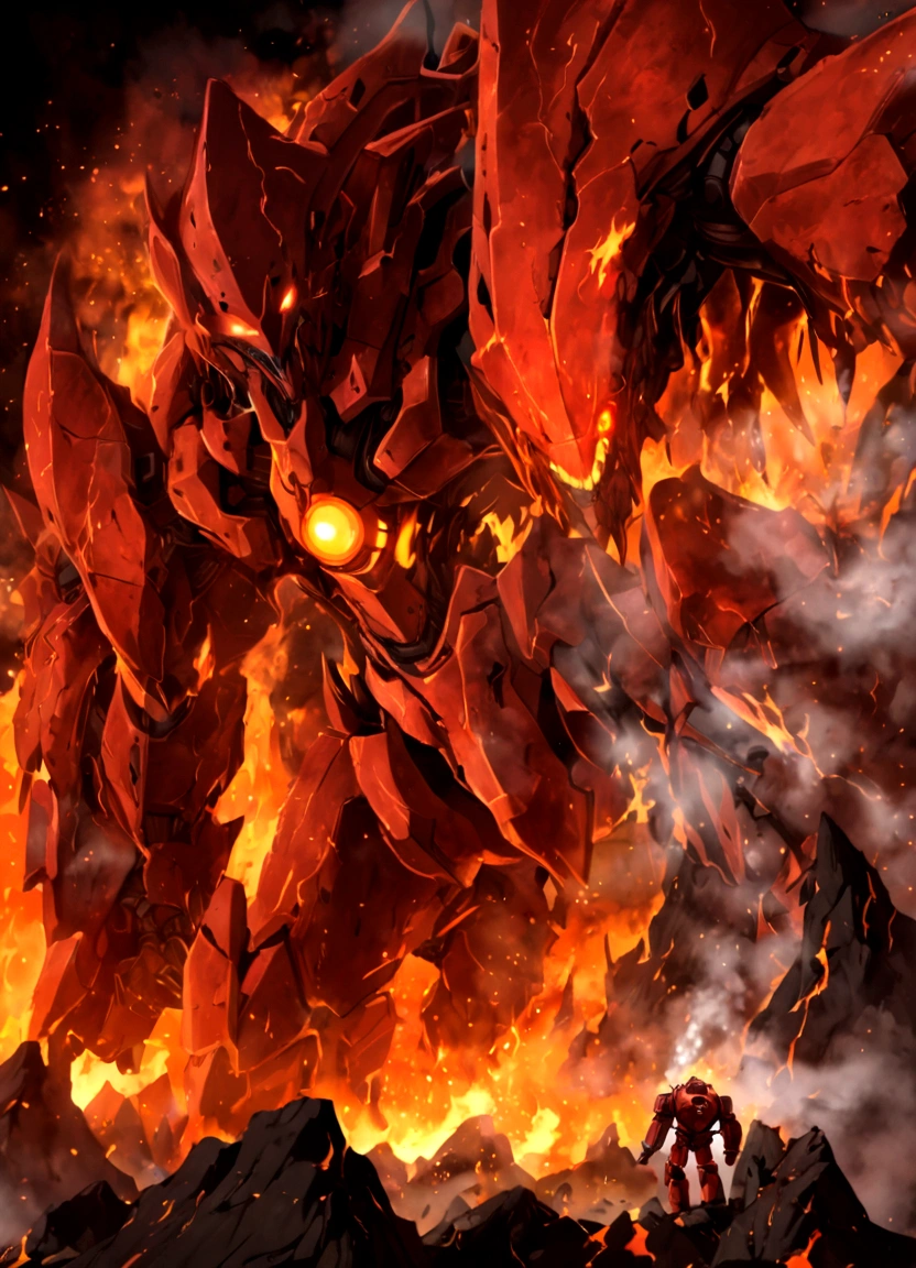 solo, super robot, Evil villains, giant robots that destroy the world, red demonic mecha with flames, a mecha with face and glowing eyes, fire golem creature, destructive colossal mecha as background, lava mecha, fire elemental, mecha vore art epic digital painting, epic full color illustration, background artwork