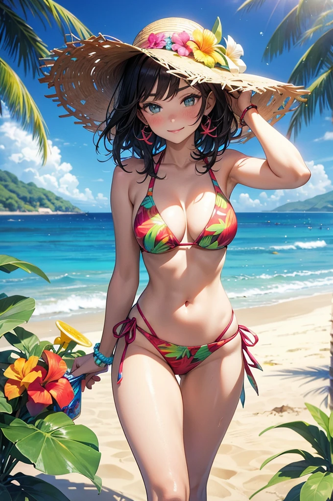 A woman standing on a bright, sunny beach or by a pool, wearing a vibrant swimsuit adorned with tropical prints like palm leaves, exotic flowers, or tropical fruits. The swimsuit features bold colors and eye-catching patterns. She's accessorized with tropical-themed items like a sunhat, sunglasses, and perhaps a lei or a tropical drink with a mini umbrella. The background includes lush green palm trees, a turquoise ocean, and colorful beach decor.