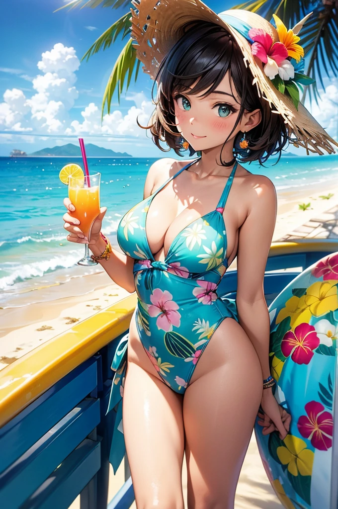 A woman standing on a bright, sunny beach or by a pool, wearing a vibrant swimsuit adorned with tropical prints like palm leaves, exotic flowers, or tropical fruits. The swimsuit features bold colors and eye-catching patterns. She's accessorized with tropical-themed items like a sunhat, sunglasses, and perhaps a lei or a tropical drink with a mini umbrella. The background includes lush green palm trees, a turquoise ocean, and colorful beach decor.