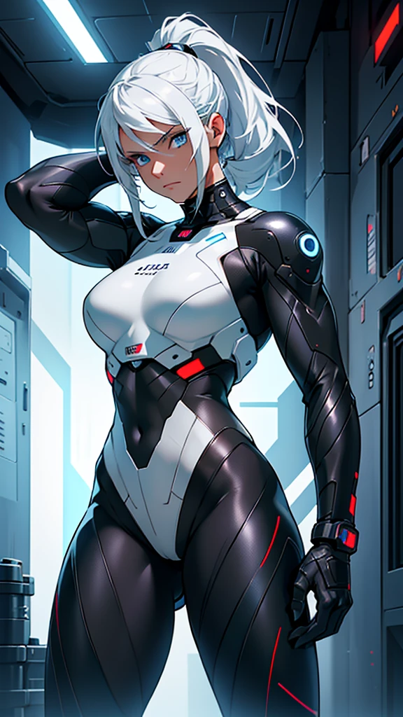 Beautiful cybernetic girl in black mobile cybernetic battle suit detailed muscles realistic masterpieces full figure pose (best quality,ultra-detailed), white-haired girl, vibrant blue eyes, large high ponytail, fair skin, fit body, slim figure, narrow waist, large buttocks, (confident expression), black cybernetic battle spacesuit, space between thighs, confident facial expression
