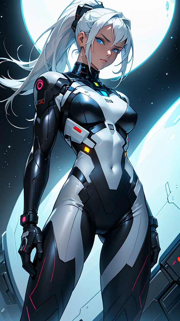 Beautiful cybernetic girl in black mobile cybernetic battle suit detailed muscles realistic masterpieces full figure pose (best quality,ultra-detailed), white-haired girl, vibrant blue eyes, large high ponytail, fair skin, fit body, slim figure, narrow waist, large buttocks, (confident expression), black cybernetic battle spacesuit, space between thighs, confident facial expression