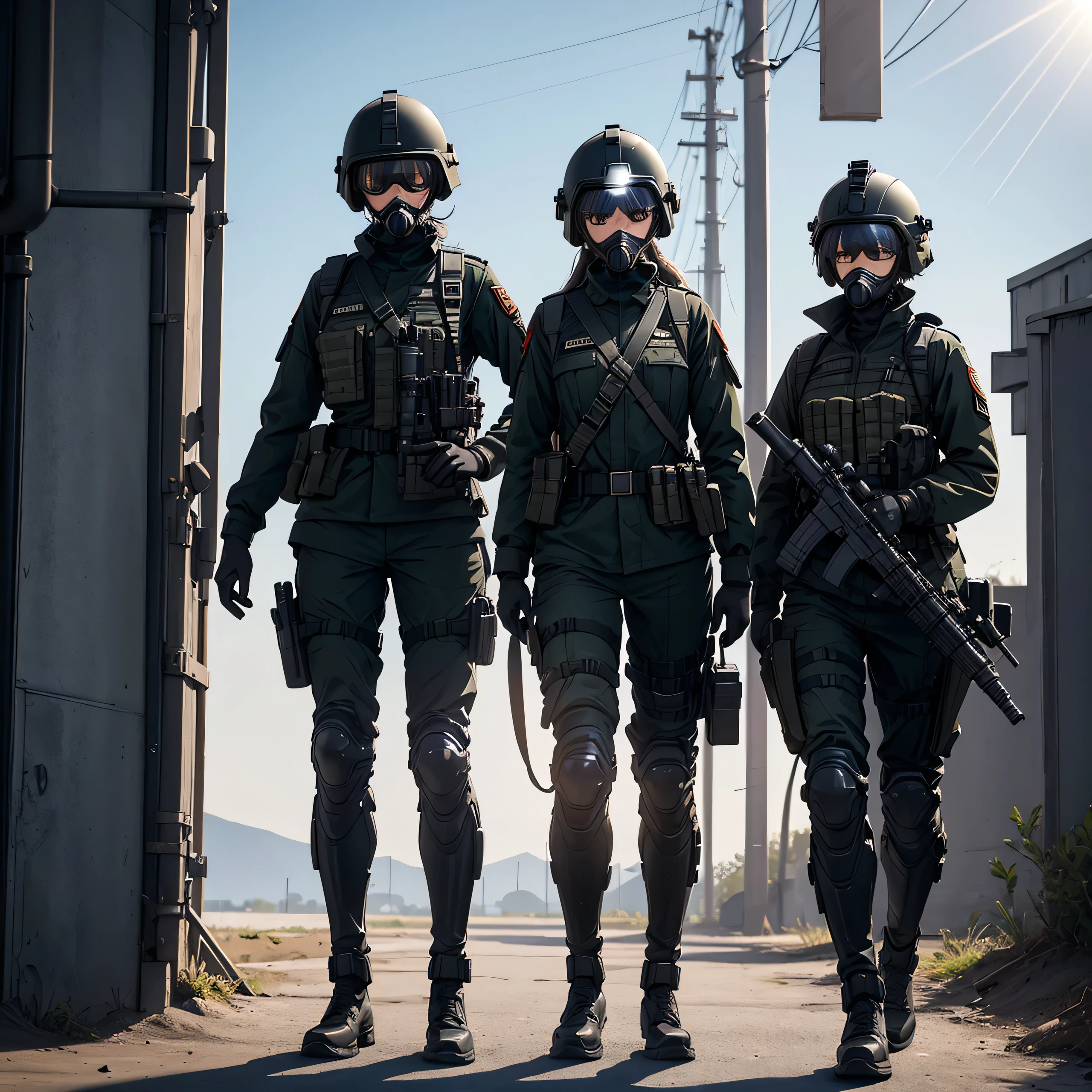 Three female soldiers standing in parallel、Wear a black helmet、Wearing black M-15 military uniform、Gas Mask、Goggles、Only the upper part of the leg is shown、Write details、masterpiece、best quality、Highly detailed CG、8K picture quality、theater lighting、lens flare