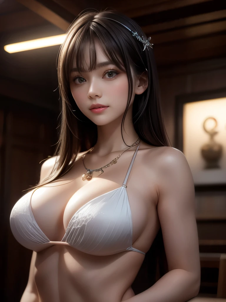 highest quality, masterpiece, Super Resolution, Realistic:1.5, One girl, hair ornaments, necklace, jewelry, Beautiful Face, On the body, Tyndall effect, photographのようにリアル, Dark studio, Rim Light, Two-tone lighting, (Silky smooth skin:1.2), 8K UHD, Digital SLR, Soft lighting, Ultra high definition, Volumetric lighting, Frank, photograph, Ultra-high resolution, 8K, 16K生photograph:1.5, Bokeh, Medium chest, Open fingers,