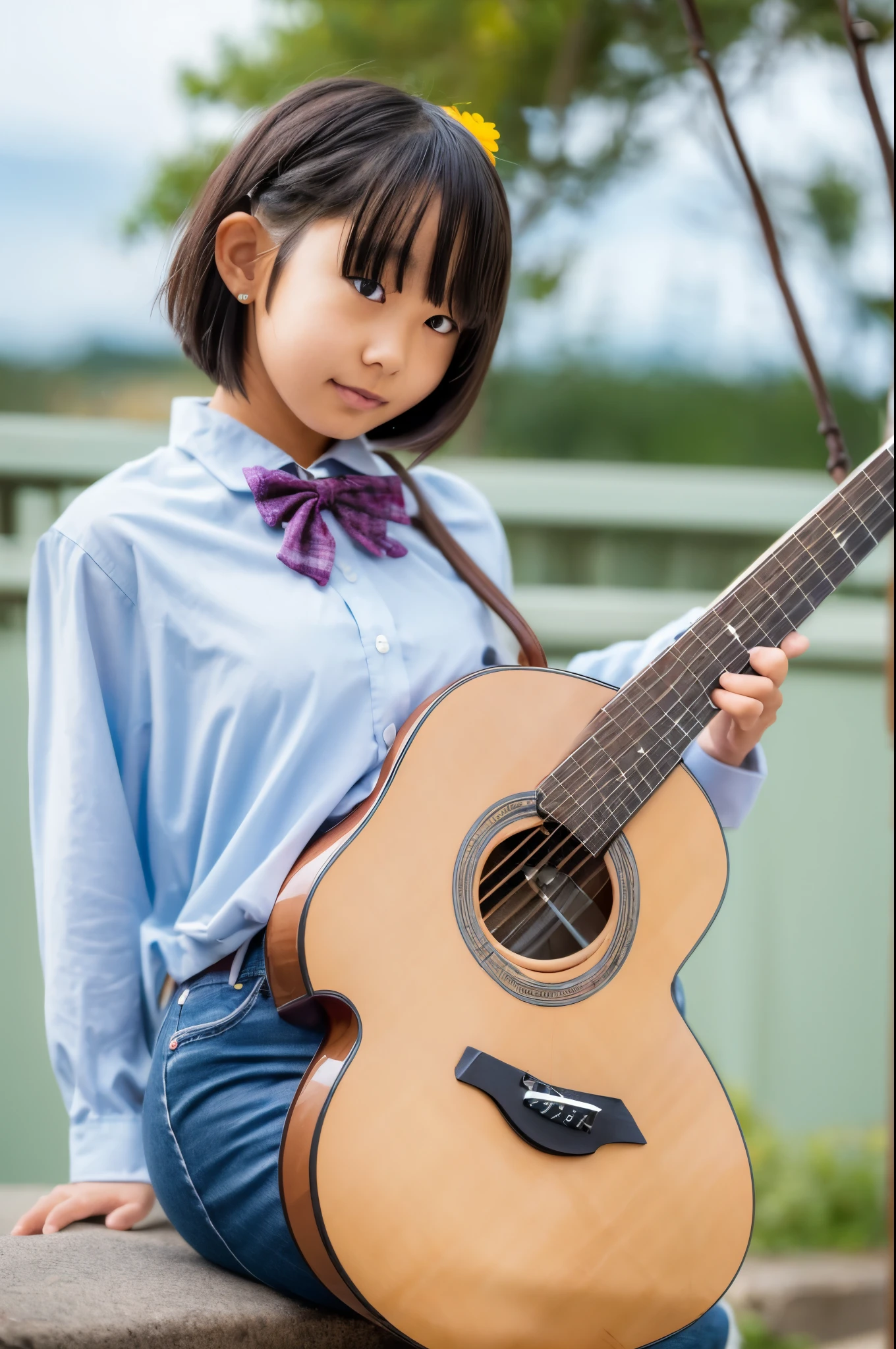 (One girl, size), (guitar alone), bubble skirt, aqua shirt, bow, bowtie, button, collared shirt, Expressionless, Eyebrows hidden by hair, fox mask, Cowboy Shot, Long Hair, Long sleeve, mask, multicolored button, Pink Eyes, Pink Hair, orange skirt, Plaid, Plaid shirt, purple bow, purple bowtie, shirt, skirt, alone, very Long Hair, Ocean, Ocean, Beach, cloudy, sunlight, evening, moon, cloud, null, Outdoor, cloudy null, leaf, Remains, Sunbeam, Post-apocalyptic, Side view,skin,highest quality、details eyes、beautiful eyes、perfect eyes、Detailed hair、beautiful hair、perfect hair、8K、head of details、beautiful head、Perfect head、NSFW , , (childish、 , 16 year old , Japanese , , 1 girl in , with a height of 154cｍ、Short Body , ) , ( , ) , ( , , , ) , ( , Pussy is visible、Her calves are exposed、her breasts and nipples are exposed)(whole body capture , , )(Office , ) ,