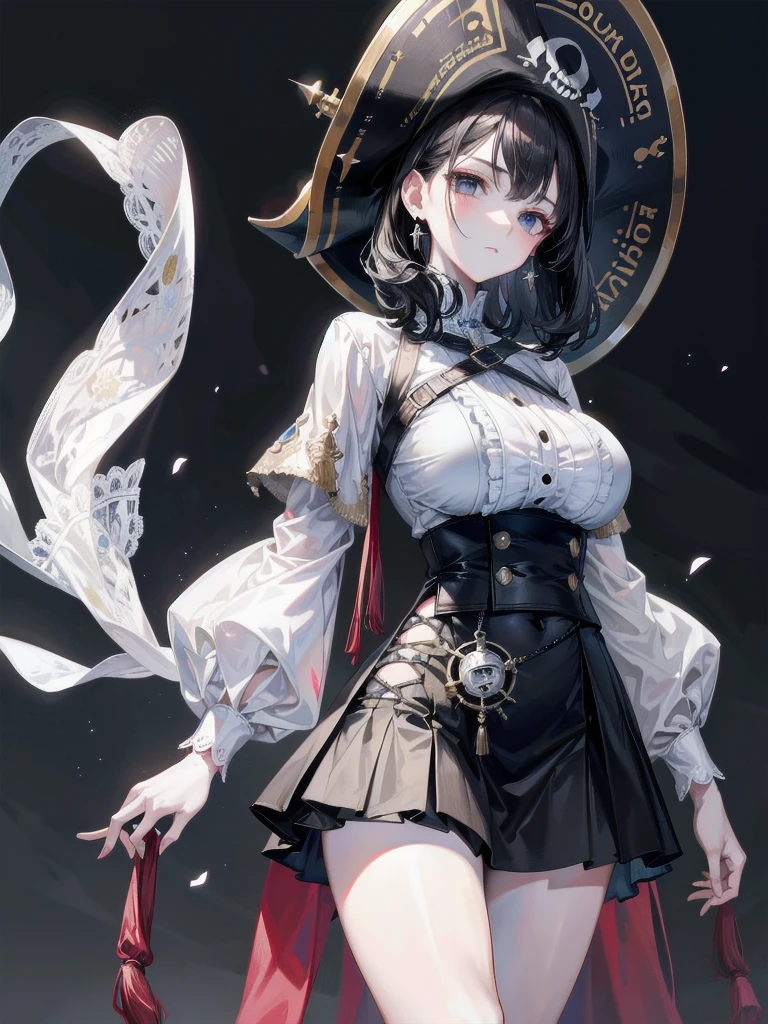 absurdres, RAW photo, extremely delicate, extremely beautiful, masterpiece, Best Quality, ultra high resolution, 32k, hyperrealistic, ultra-detailed description, perfect anatomy, pale skin, 20 years old, detailed beautiful face, detailed beautiful face eyes, tearful mole, earring, short medium hair, wavy hair, black hair, big tits, slim body, narrow waist, whole body, pirate top, short skirt, pirate hat, white shirt,