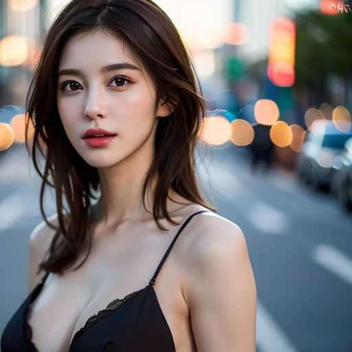 ((Realistic lighting, highest quality, 8K, masterpiece: 1.3)), Clear Focus: 1.2, 1 girl, Perfect body beauty: 1.4, Slim Abs: 1.1, ((Dark brown hair, big: 1.3)), (Speed up: 1.4), (Outdoor, night: 1.1), street, Super Slender Face, Fine grain, double eyelid, Exposed cleavage, Unbelievably absurd, Messy Hair, Floating hair,