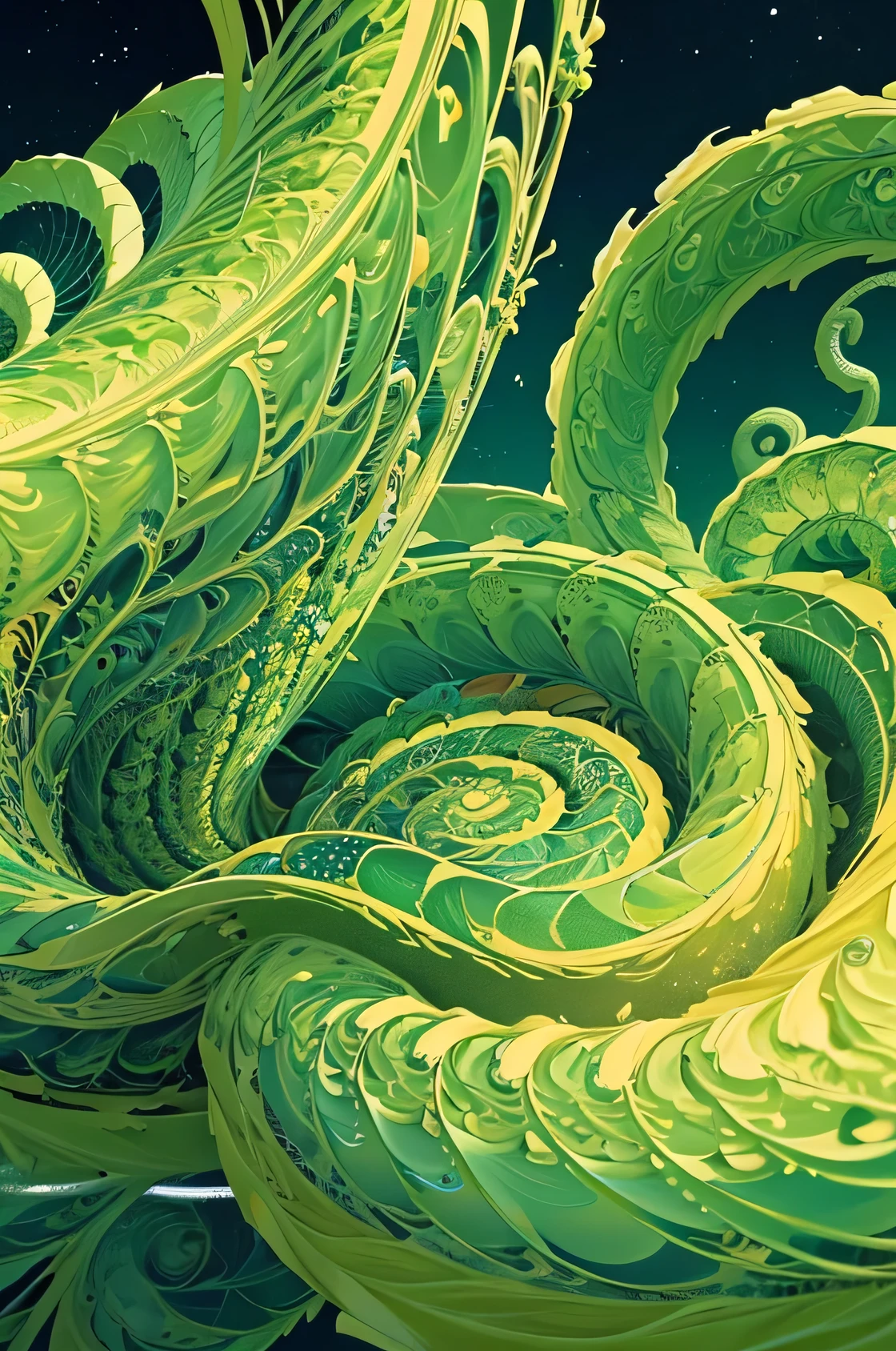 masterpiece, no people top quality, best quality, official art, beautiful and aesthetic:1.2), extreme detailed,(fractal art:1.3), green color, organic, afro ,highest detailed, (spiral:1.4), DNA