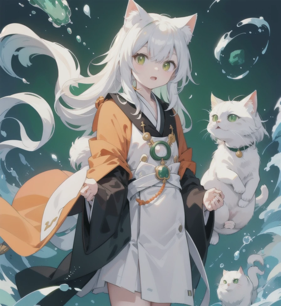 Yi，White cat，There is a round green jade stone on the chest，Wearing black and orange robes