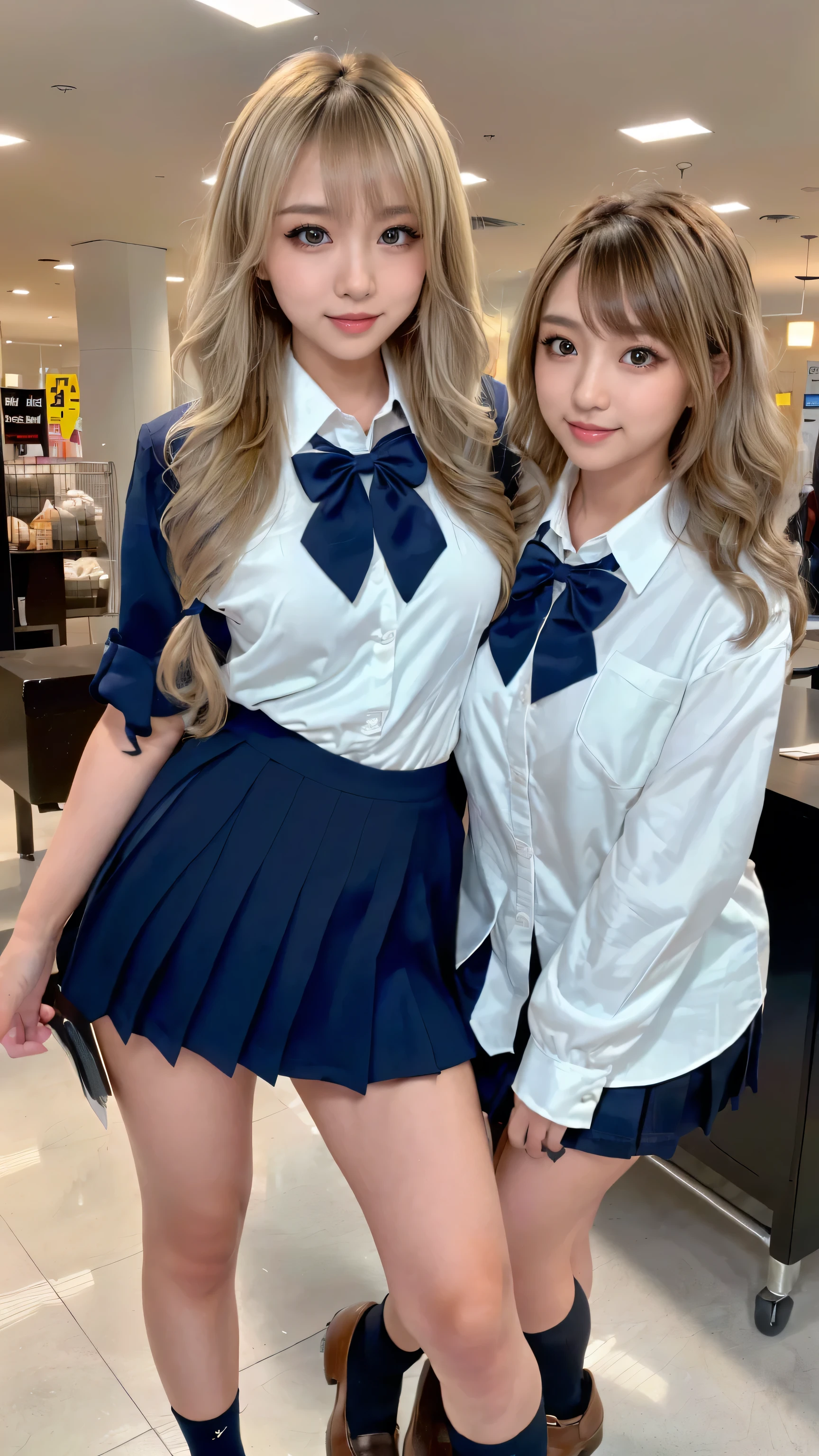 (scene; (2 people:1.8)), Gal, (High school girls 2 people), (Shopping mall, Shopping Street, street, Outdoor), (Look at me Are you standing, Full body portrait, Photograph the whole body, Full-body image, Are standing, With legs spread, Doing sexy poses), (Thin thighs, Long, slender limbs, Small waist), ((Highly detailed skin), Beautiful realistic face, White skin, Pointed Chest, Perfect Anatomy, Realistic eyes, Natural Eyes, Brown Eyes, Accurate eye focus, Accurate limbs), (Hyper Realist, Ultra-realistic, 4k, Attention to detail, Ultra-high resolution, highest quality, masterpiece, Presence, dynamic, Uplifting, bold, Sharpness), (Huge breasts:1.5, Cleavage:1.5), (Blonde long hair:1.5, Wavy long hair:1.5, Curly Hair:1.5), (sleek bangs), (Twin tail hair), (White collared shirt, Pleated mini skirt, Navy colored socks, Black loafers, Ribbon tie), High school girl in uniform, Surreal high school girl, tall, High school girls in uniform, smile, Emphasis on cleavage, (Are standing Two high school girls:1.8),