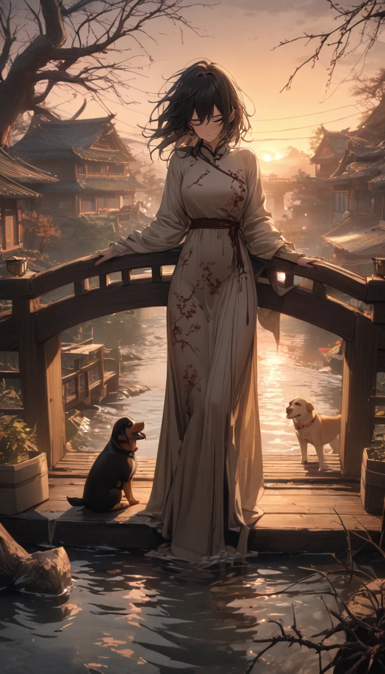 masterpiece, high quality, high resolution,8K, Chinese painting ,, Dead vines, old ((Trees)), dusk ((crow)) No crying,, ((A small bridge)), flowing water,炫酷的Pudding dog图腾 (((Humble residence))),  (Pudding dog:1.6),, Cold wind blows westward ((一条古old道路)),, When the sun sets, My heart ached with the anger of loneliness,,