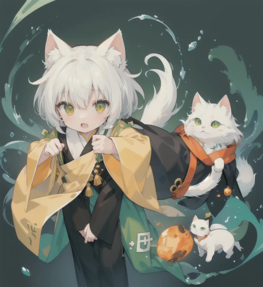 Yi,White cat,There is a round green jade stone on the chest,Wearing black and orange robes