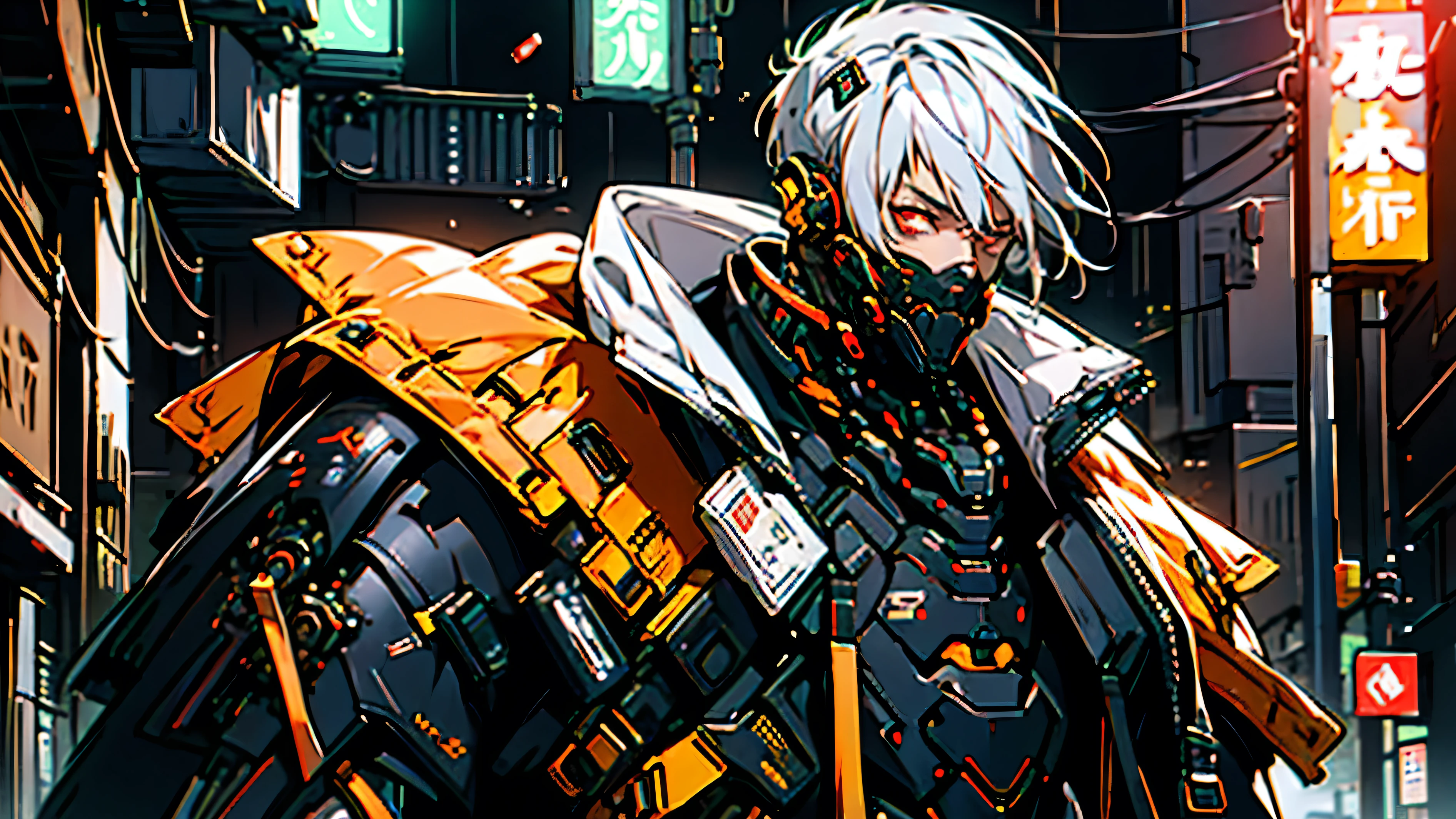 1 mature man cyborg, short dark hair and red eyes, stands on the dark street, night, neon light, red eyes, wearing yellow jacket and black t-shirt, grey pans, cyber punk, sc-fi, absurdres, high res, ultrasharp, 8K, masterpiece, looking at viewer, clear details on the face