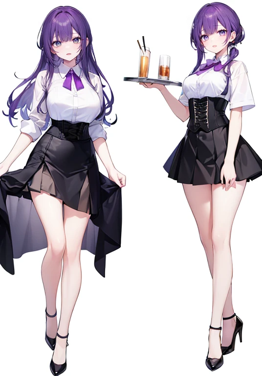 ((Perfect Face)),Purple Hair,long hair,1 female,bartender,(((White shirt with rolled up sleeves)),(corset),(((Tight Skirt))),,High heels,,((Simple White background)),((smile)),((full body)),((whole body)),Portraits,virtual,upright,