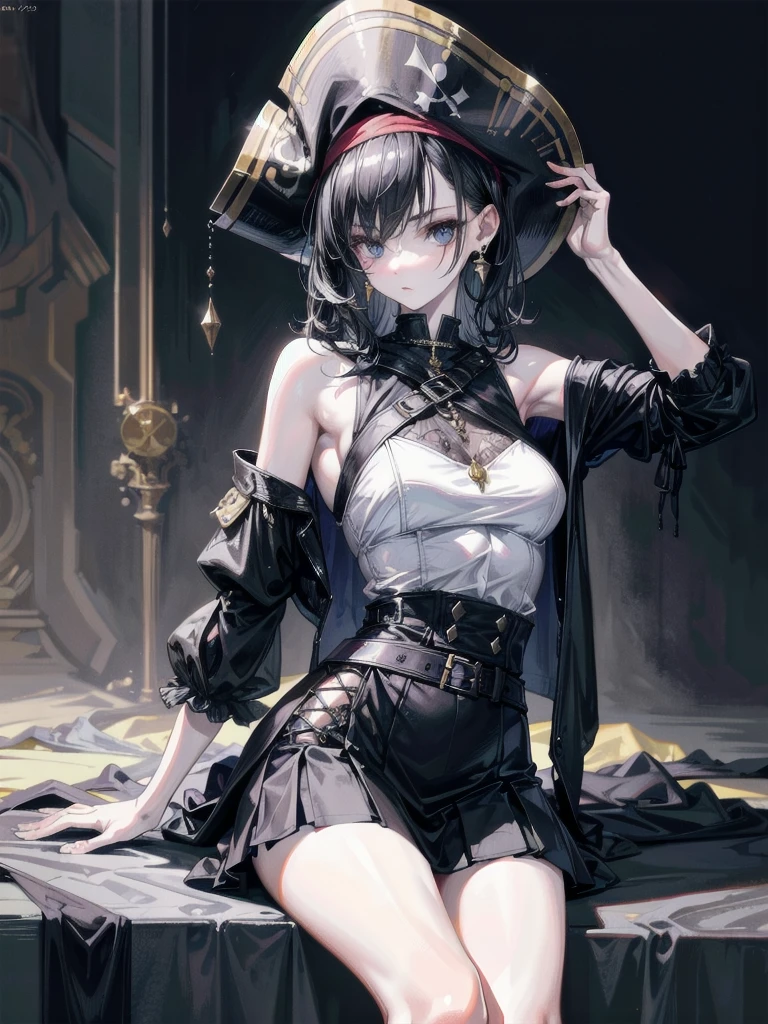 absurdres, RAW photo, extremely delicate, extremely beautiful, masterpiece, Best Quality, ultra high resolution, 32k, hyperrealistic, ultra-detailed description, perfect ???????, pale skin, 20 years old, detailed beautiful face, detailed beautiful face eyes, tearful mole, earring, short medium hair, wavy hair, black hair, big tits, slim body, narrow waist, whole body, pirate top, short skirt, small pirate hat, shirt,