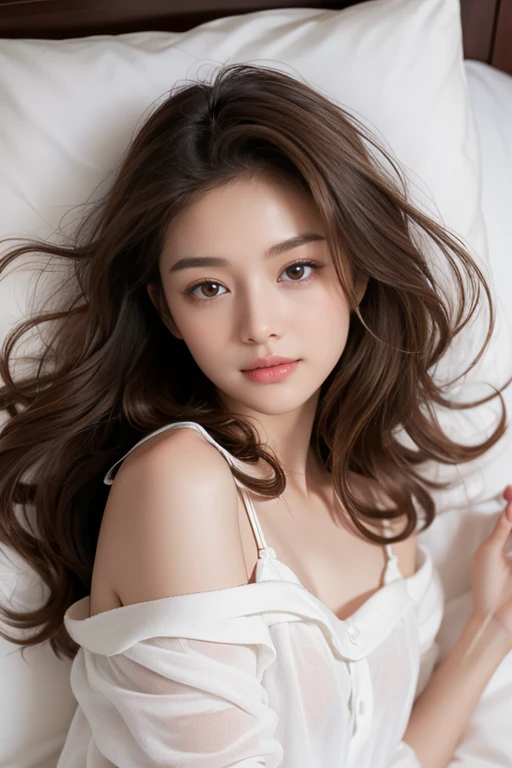 highest quality、4K、Perfect Face、Perfect Style、Sunburn、beautiful、cotton white pajamaature、long curly layer brown hair、Swept-back hair、full body, in bedroom、no make up、in morning、sexy 、charming、healthy、she is sleeping.