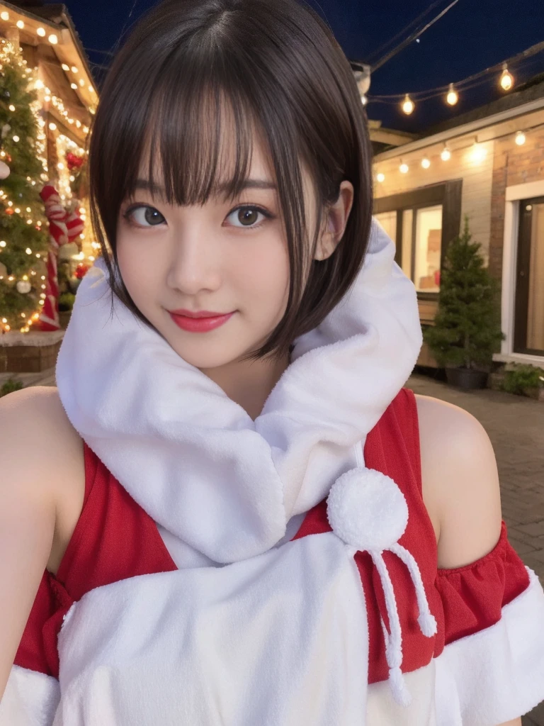 1girl, santa claus costume, symmetry, beautiful cute girl, slender figure, (ultra short hair:1.5), ultra big smile, Beautiful large round droped detailed eyes, beautiful detailed lips, extremely detailed face, natural makeup, (best quality,4k,8k,highres,masterpiece:1.2),(ultra-detailed,realistic,photorealistic,photo-realistic:1.37),professional,vivid colors,studio lighting,snowing night town,christmas eve