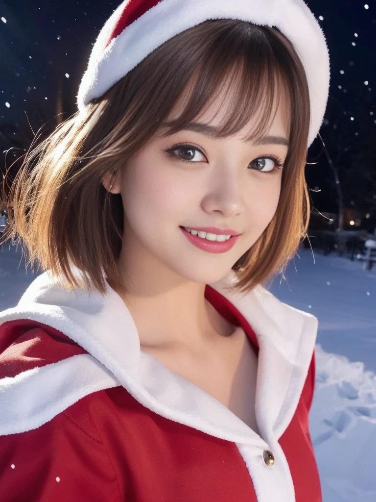 1girl, santa claus costume, symmetry, beautiful cute girl, slender figure, (ultra short hair:1.5), ultra big smile, Beautiful large round droped detailed eyes, beautiful detailed lips, extremely detailed face, natural makeup, (best quality,4k,8k,highres,masterpiece:1.2),(ultra-detailed,realistic,photorealistic,photo-realistic:1.37),professional,vivid colors,studio lighting,snowing night town,christmas eve