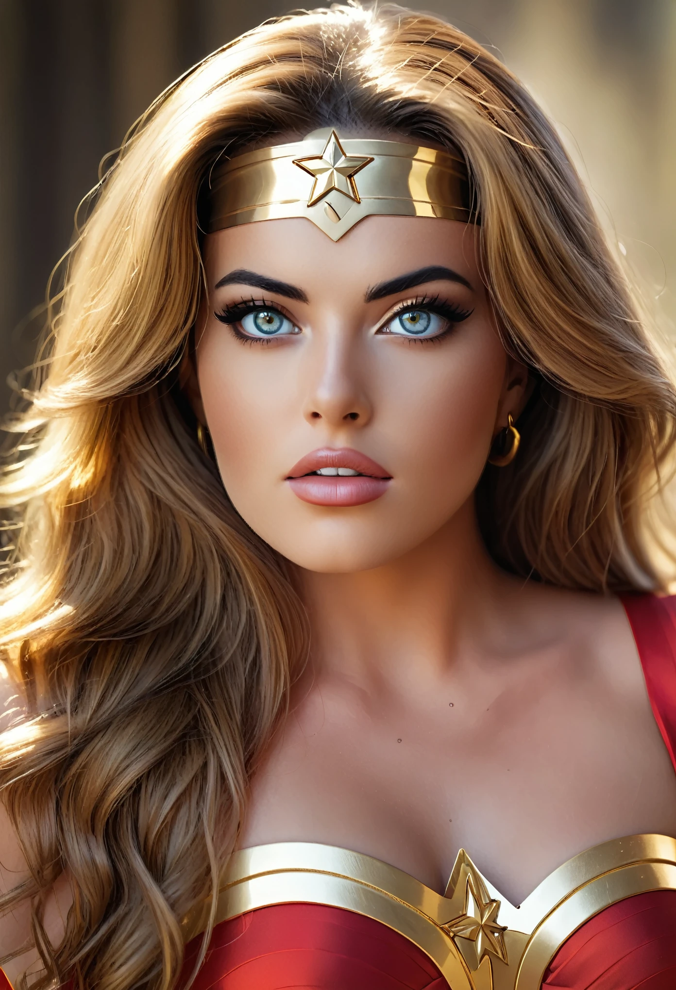 a beautiful sexy classic 70s wonder woman, beautiful detailed eyes, beautiful detailed lips, extremely detailed eyes and face, long eyelashes, cinematic lighting, natural skin texture, muscular athletic body, heroic pose, flowing hair, red and gold costume, iconic star symbol, ridges on bracelets, lasso of truth, amazon warrior, photorealistic, highly detailed, dynamic composition, vivid colors, dramatic shadows and highlights