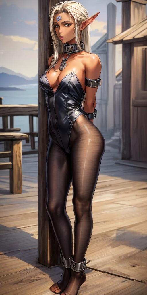 (Masterpiece, best quality, intricate details, 1sologirl) iron collar, arms behind back, iron cuffs, shackles, bound ((standing by wooden pole:1.2)) ((Pirotes Dark elf skin)) show entire body, feet in view, realistic, gorgeous 16y.o. light skinned mixed race female, African, transparent black pantyhose, legs open, museum, no shoes