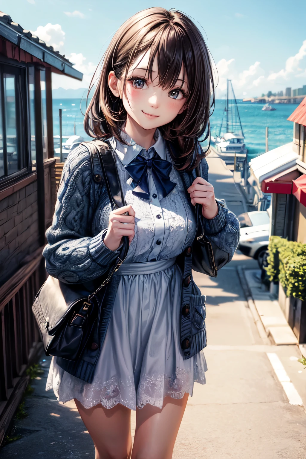 very cute and beautiful girl,(highly detailed beautiful face and eyes),
frilled white summer dress with detailed lace,(navyblue cardigan),standing,
road side of seaside town street,harbor,marina,beautiful summer sky,
(smile),black hair,mid shot,holding cute fashion bag,detailed legs,
(best quality,masterpiece),absurdres,highres,ultra-detailed,extremely detailed,32k,8k resolution,
intricate details,cinematic scene,detailed background,solo,dynamic angle,perfect hands,
