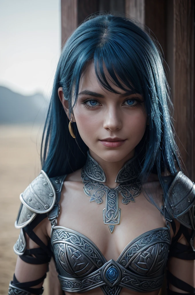 Jeune femme de 25 ans, visage fin, cheveux long, blue hairs, yeux bleus, tâches de rousseur sur tout le corps, HD, 8K, masterpiece, sourire romantique, sexy, metal lingery, gold armor, celtic design chest armor, guerrière viking, celtic tattoo, viking chest tattoo