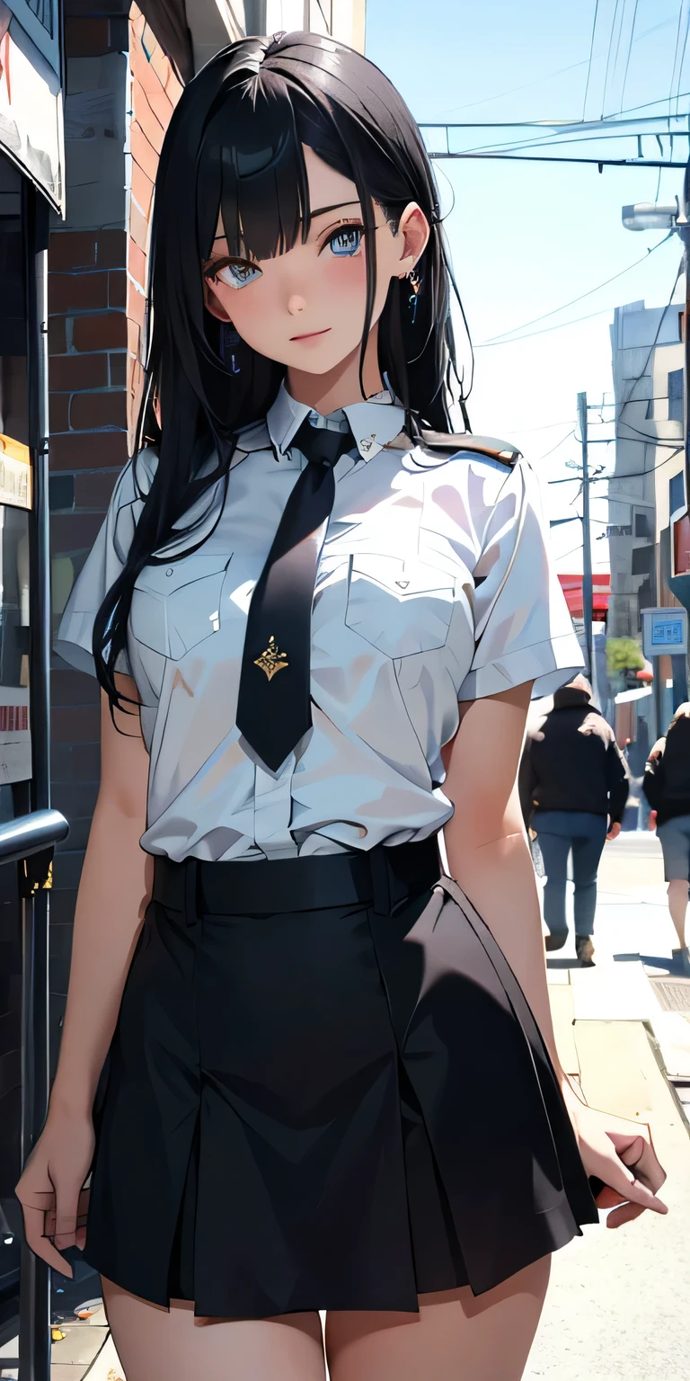 An absurd solution, High resolution, (masterpiece:1.4), Super detailed, One girl,Blue colored eyes, Long black hair，Wear a police uniform and a short skirt, City streets,Sexy posture, The camera is close to the body