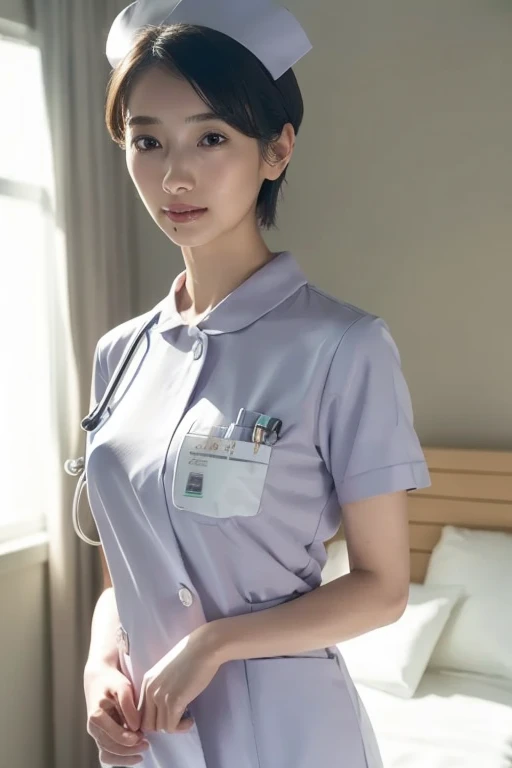 1 girl,(Wearing white nurse clothes:1.2),(RAW Photos, highest quality), (Realistic, photo-Realistic:1.4), masterpiece, Very delicate and beautiful, Very detailed, 2k wallpaper, wonderful, finely, Very detailed CG unity 8k wallpaper, Very detailed, High resolution, Soft Light, Beautiful detailed girl, Very detailed eyes and face, Beautiful and detailed nose, finely beautiful eyes, nurse, Perfect Anatomy, Black Hair, Upstyle, nurse uniform, ((nurse cap)), Long skirt, nurse, White costume, thin, hospital, clear, White Uniform, hospital room, Neck auscultation,(short hair), ((Upper Body))