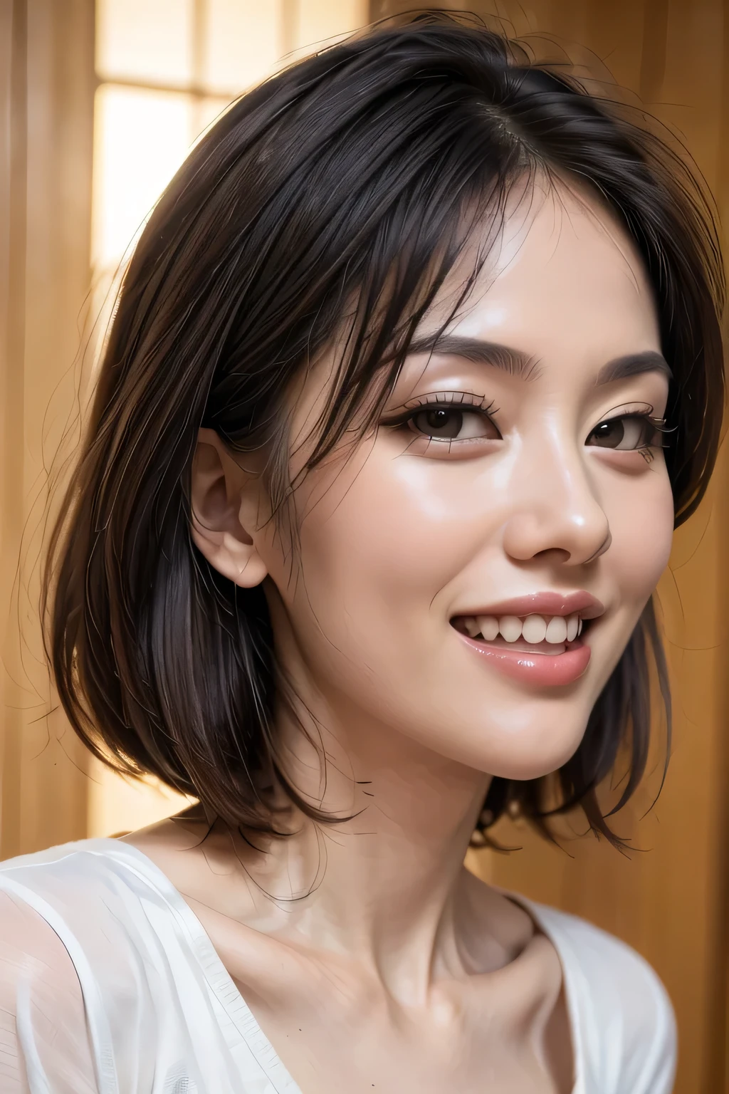 (8k, RAW Photos, highest quality, masterpiece, Realistic, Realistic), (1 female), (The ultimate beautiful Japanese MILF), Highly detailed face, (Perfect Teeth), Beautiful Eyes, double eyelid, eyelash, ((smile)), Lip details, (Neat brunette bob), The light shines on your face, Big Breasts, ((T-Shirts)), (Upper Body), ((background: none))