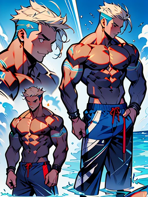 Detailed character design, many angles, depth, chàng trai trẻ, moon skin , muscular, wear swimming trunks on the beach,