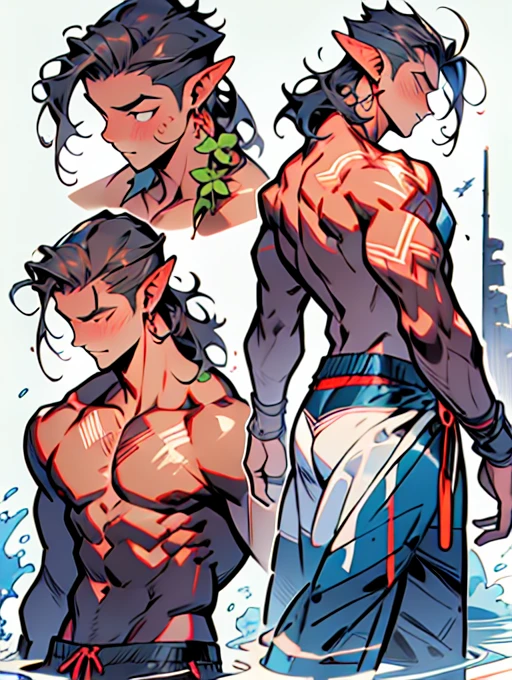 Detailed character design, many angles, depth, chàng trai trẻ, moon skin , muscular, wear swimming trunks on the beach,