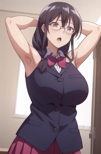 ((masterpiece:1.4, best qualit:1.4, high resolution:1.4, bright colors, vibrant colors:1.2)), Saitou, 1girl, solo, standing, huge breasts, , glasses, bangs, bow, bowtie, blush, pleated skirt, school background, indoor, purple eyes, upper body, frontal view:1.1, open mouth, arms up, frown, armpits visible, sleevless