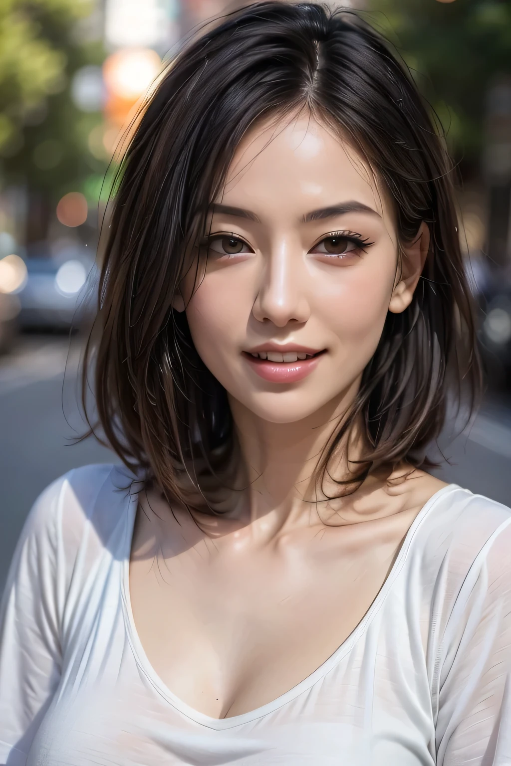 (8k, RAW Photos, highest quality, masterpiece, Realistic, Realistic), (1 female), (The ultimate beautiful Japanese MILF), Highly detailed face, (Perfect Teeth), Beautiful Eyes, double eyelid, eyelash, ((smile)), Lip details, (Neat brunette bob), The light shines on your face, Big Breasts, ((T-Shirts)), (Upper Body), ((background: none))