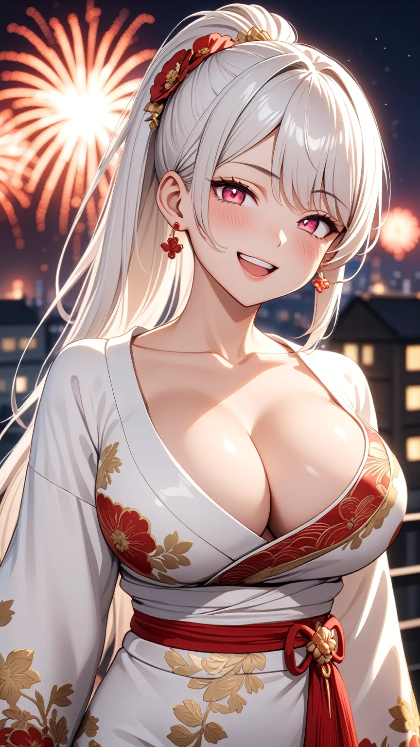 ((one personの女性)), Beautiful Face,Laughing embarrassedly,Laughing with your mouth open,((Wink:2.0)),(Bright red cheeks),Glossy pink lips,night,rooftop,firework,((Anime style background)),masterpiece, highest quality, so beautiful, Latest, Complex details, (Pink long nails),(ring),AI-generated, Complex,High resolution, highest quality, super high quality,3D Images、View your viewers、3D Images,one person,Long white hair,High Ponytail,blue eyes,Anime woman posing for a photo, ((Fine grain、Colorful eyes、Shining Eyes:1.3)),(Squint your eyes:1.1),a hyperRealistic , hyperRealistic , Realistic,Anime woman with long and white hair, Smooth anime CG art, A woman in a colorful kimono with gold embroidery, (White kimono),Red floral pattern,Long flower hair ornament,Big earrings,Mature Body,(Big Breasts:1.2),Tall,Big Ass,Fine details,Narrow waist,Abdominal muscles,(Face close-up:1.3),