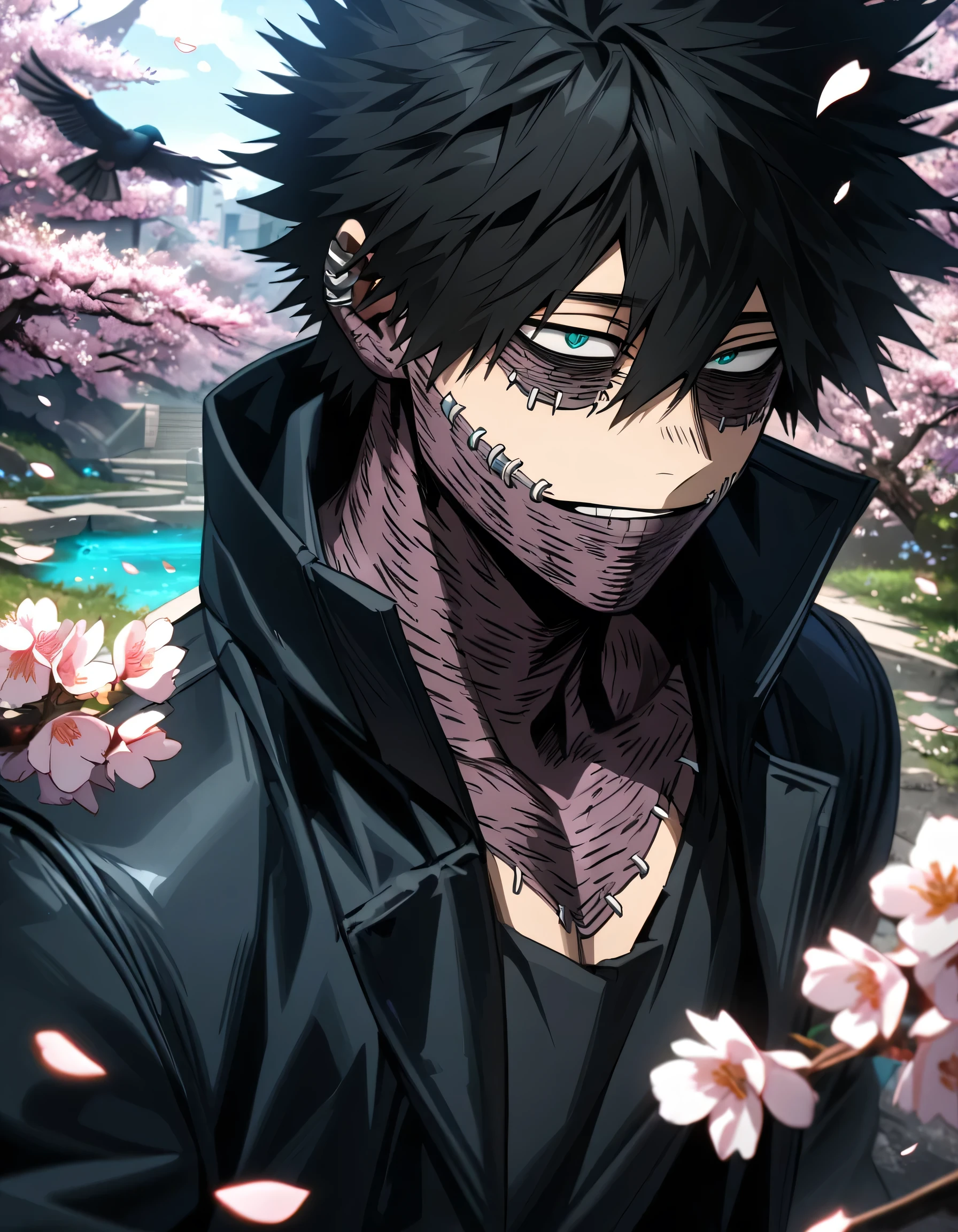 absurdres, highres, ultra detailed, HDR, masterpiece, extremely detailed face and eyes, Dabi, black hair spiked around his head, hair between the eyes, expressive turquoise eyes, boku no hero academia, solo, sexy man, handsome, black coat, black tight shirt, spring, blossoms, petals, birds