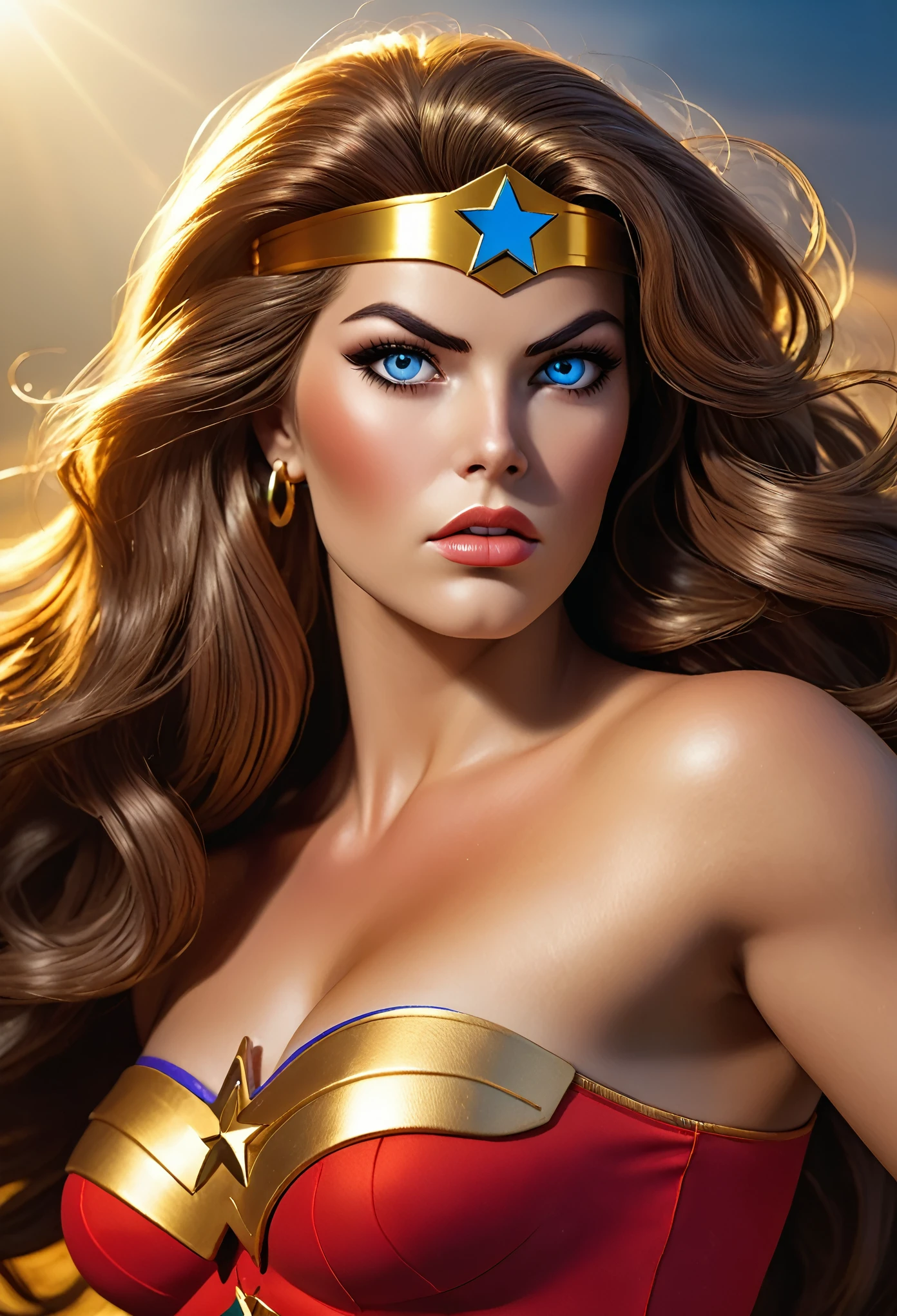 a beautiful sexy classic 70s wonder woman, beautiful detailed eyes, beautiful detailed lips, extremely detailed eyes and face, long eyelashes, cinematic lighting, natural skin texture, muscular athletic body, heroic pose, flowing hair, red and gold costume, iconic star symbol, ridges on bracelets, lasso of truth, amazon warrior, photorealistic, highly detailed, dynamic composition, vivid colors, dramatic shadows and highlights