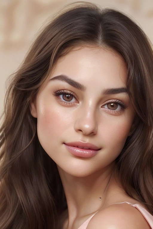 Close up : A close-up portrait of a stunningly beautiful young woman with striking features. She has long, wavy dark brown hair cascading around her face, deep hazel eyes with long, thick eyelashes, and perfectly arched eyebrows. Her lips are full and slightly parted, painted in a soft pink hue. Her skin is flawless, with a warm, golden undertone, and a subtle, glowing complexion. She is smiling gently with an inviting, confident expression. The image captures her from the shoulders up, with her head slightly tilted to one side. The style is highly detailed and realistic, with a focus on natural beauty and elegance. The background is blurred or plain, keeping the attention on her captivating face.