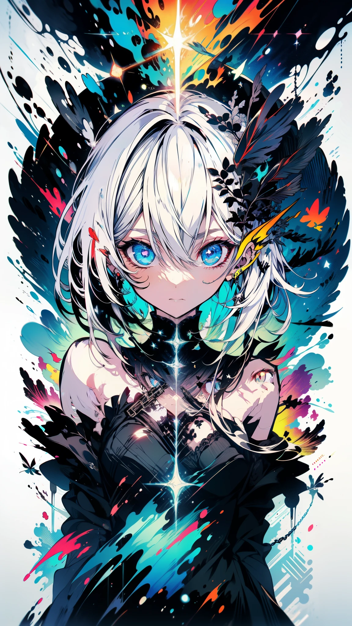 4k anime wallpaper, 4k anime wallpaper, Anime Art Wallpapers 8K, 4K Anime Style, anime art wallpaper 4k, anime art wallpaper 4k, 4k anime wallpaper, Eugeo Art, Detailed digital anime art, ((masterpiece, highest quality)), (Complex Light), Perfect hands, Normal finger, Hyper Detail, Bright colors.Fantasy manga style demon beautiful girl, silver hair, short, headphones, half wearing dark long coat, off the shoulder, black wings, chain, red moon, otherworldly painting.