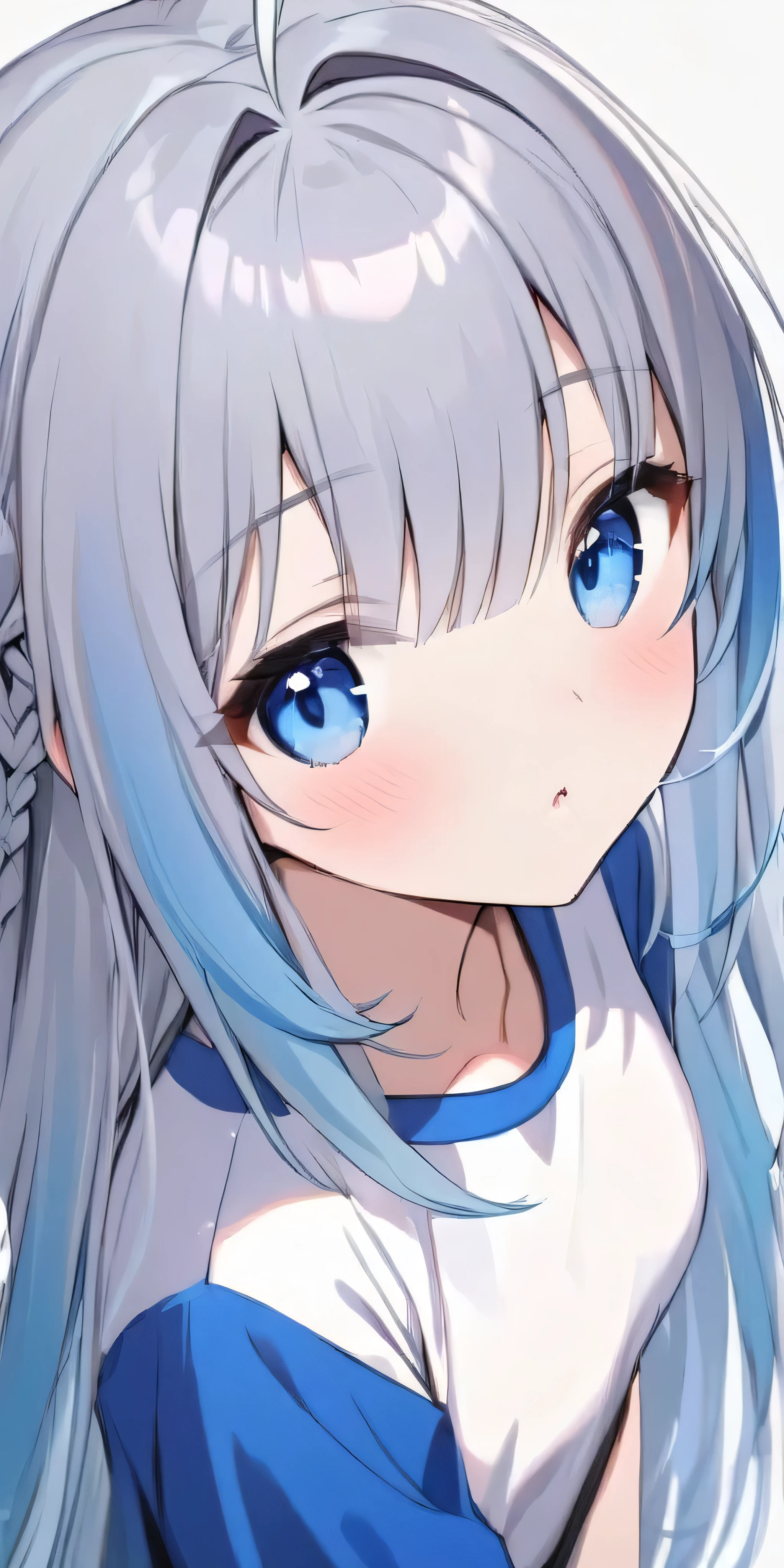 masterpiece, Full HD, 8K, best quality, depth of field, best generating, 1girl, beautiful girl, cute girl, beautiful and pretty girl, slim body, medium breast, grey hair, long hair, ahoge hair, straight bangs and braids hair, gradient hair, grey and blue gradient hair, beautiful blue eyes, deep blue eyes, oversized white t-shirt