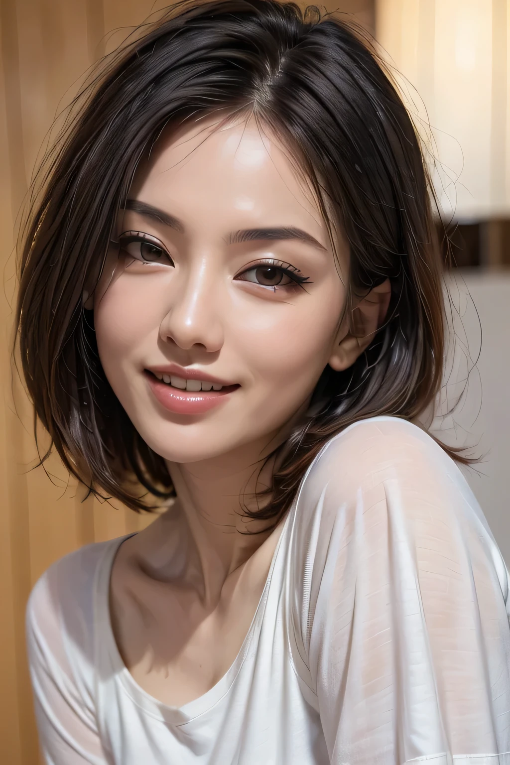 (8k, RAW Photos, highest quality, masterpiece, Realistic, Realistic), (1 female), (The ultimate beautiful Japanese MILF), Highly detailed face, (Perfect Teeth), Beautiful Eyes, double eyelid, eyelash, ((smile)), Lip details, (Neat brunette bob), The light shines on your face, Big Breasts, ((T-Shirts)), (Upper Body), ((background: none))