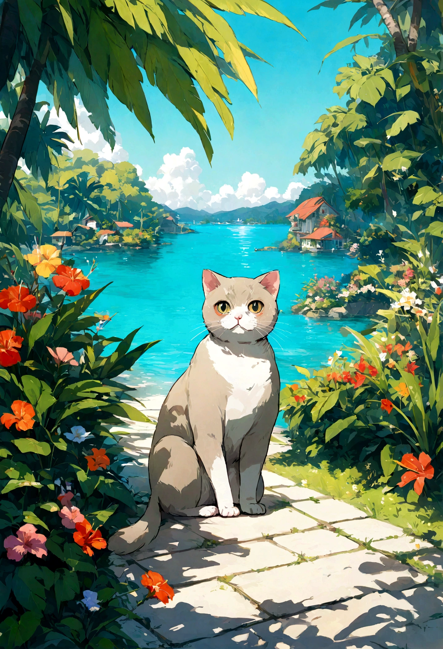 Scottish Fold Cat, Lovely, Tropical Garden, lakeside, There are houses in the distance.