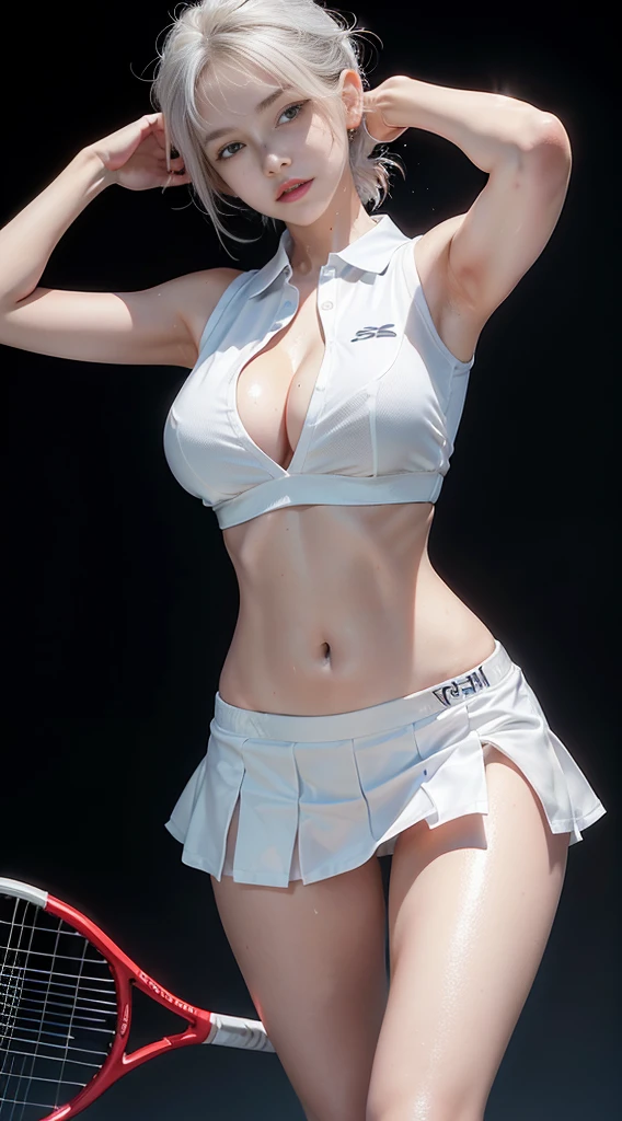 1 Girl, Solitary, White Polo Shirt, white sneakers, Tennis Clothes, White mini skirt, masterpiece, best quality, Practical, Ultra Detailed, (shiny skin, Sweating:1.4), Smiling blushing, looking at the audience, White short hair, Brown eyes, slim, Dynamic Lighting, high resolution, Clear focus, Depth of Field, delicate eyes, Sharp pupils, Practical pupils, (Very slim figure:1.3),Huge breasts:1.4 Huge breasts:1.4,full, Firm breasts,Showing cleavage,Nipple protrusion,Belly button full breasts, Large Breasts, Slender sexy legs, Put your hands behind your head((Clear nipples))、Rocket , (Large Breasts),(because I'Thin), (Thick thighs:1.0), outdoor, Sky