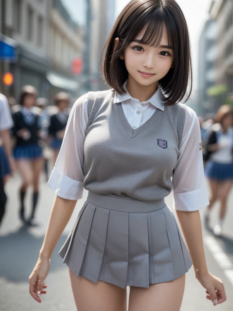 (8k, RAW Photos, highest quality, masterpiece:1.2), (Realistic, photo-Realistic:1.4), (Highly detailed 8k wallpaper), Sharp focus, Depth of written boundary, Cinematic lighting, Soft Light,Eyes of delicate beauty,shiny smooth light brown Long Bob Hair, Asymmetrical bangs, Glowing Skin, Ultra-dense skin,High resolution, High Detail, Detailed hairstyle, Detailed facial beauty, hyper Realistic, Perfect limbs, Perfect Anatomy ,1 Japanese girl,Famous Japanese Idols, Perfect female body, Large Breasts,smile,Short eyelashes,double eyelid,Long Bob Hair, (school uniform : 1.3), (Micro Mini Skirt Grey Micro Mini Skirt:1.3),Watching the audience, (Crowded street:1.3),Cowboy Shot