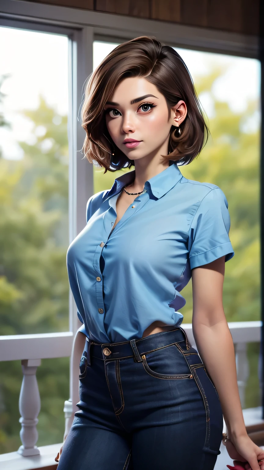 master part, best quality, 1st grade, olhos verdes, pele escura, brown hair, cabelos ondulados, short hair, Brincos, jewelries, pirata, Camisa comprida, fundo simples, sozinho, parte superior do corpo