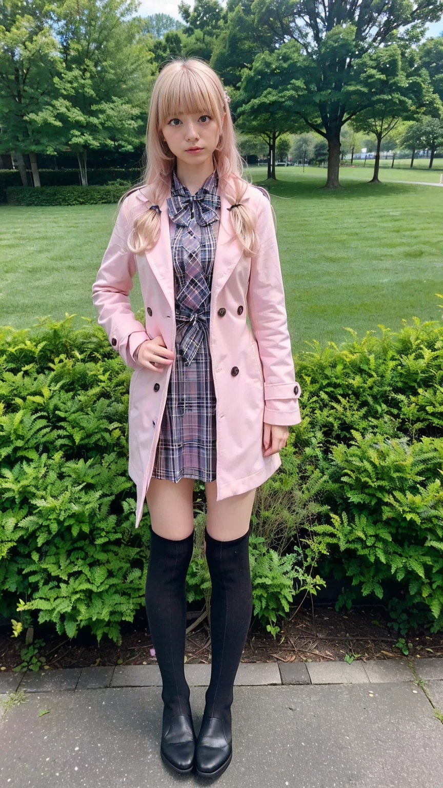 (8k、RAW Photos、highest quality、masterpiece:1.2)、(Realistic、Realistic)、1 girl、((Pink Coat、Blonde、Black plaid ee-through、Ribbon on chest、Knee socks、、Big Breasts、boots、whole body、garden、View from the front、Looking into the camera、Standing with one hand on one hip))、