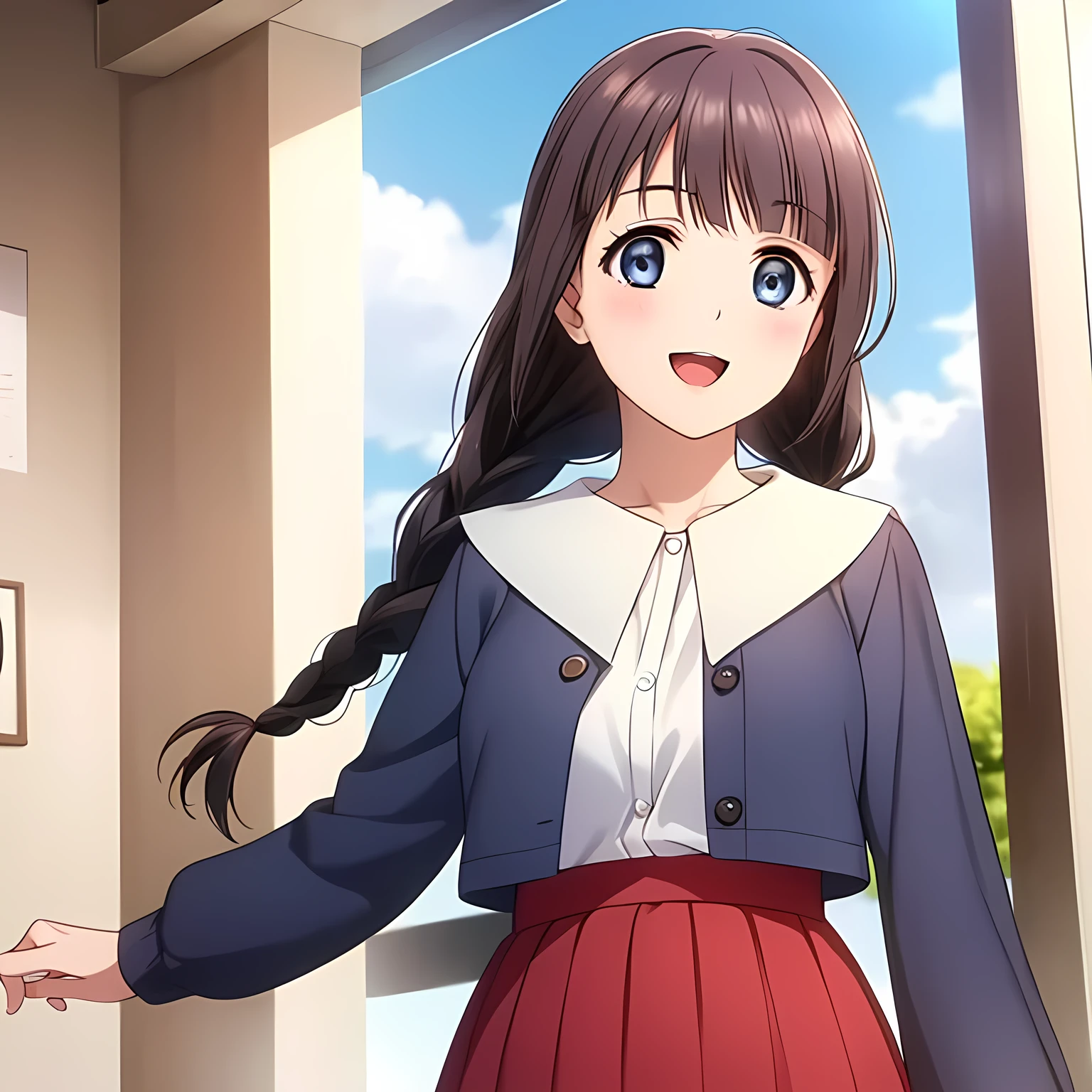 (highest quality, masterpiece:1.2), highest quality, High resolution, 1080p, 8K, Game heroine CG, Height: 158cm, ((A beautiful girl, the game heroine, is smiling and looking proudly.)), A face that everyone loves, Glossy lips, Even bangs, Double, Long eyelashes on both the top and bottom, Smiling blue eyes, The very large and thick yellow ribbon bowtie is very cute., ((Black Hair)), ((Beautiful, shiny, long braids)), ((A long, neat, dark navy pleated skirt)), (((A long-sleeved navy blue sailor uniform for winter, all dark blue in color))), ((Navy blue jacket)), Smiling, slightly open mouth like a game heroine, Ribbon in hair, Tight waist, ((The background is pure white)), The wind blowing upwards lifts the bangs