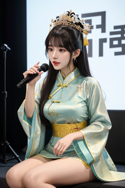 a close up of a person sitting in front of a microphone, ruan cute vtuber, twitch streamer, cutecore, belle delphine, lalisa manobal, lofi girl, sitting in front of a microphone, korean idol, she has black hair with bangs, kanliu666, trending on cgstation, highly realistic. live cam vtuber asia et.Goddess Wang Yiting，wearing sexy lingerie，traditional china，18 years old，Charming and alluring，穿著紅色cheongsam，Chinese clothing，beautiful exotic, interesting costumes, Chinese traditional clothing, Gorgeous Chinese model, Hanfu, cheongsam，Bellyband