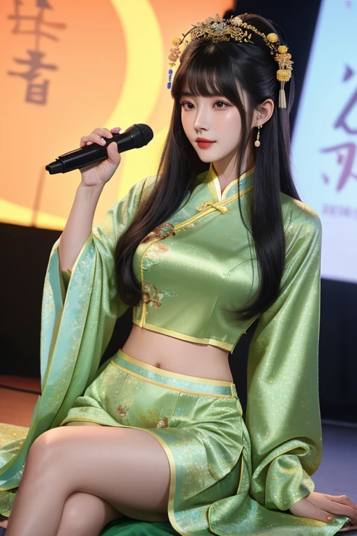 a close up of a person sitting in front of a microphone, ruan cute vtuber, twitch streamer, cutecore, belle delphine, lalisa manobal, lofi girl, sitting in front of a microphone, korean idol, she has black hair with bangs, kanliu666, trending on cgstation, highly realistic. live cam vtuber asia et.Goddess Wang Yiting,wearing sexy lingerie,traditional china,18 years old,Charming and alluring,穿著紅色cheongsam,Chinese clothing,beautiful exotic, interesting costumes, Chinese traditional clothing, Gorgeous Chinese model, Hanfu, cheongsam,Bellyband